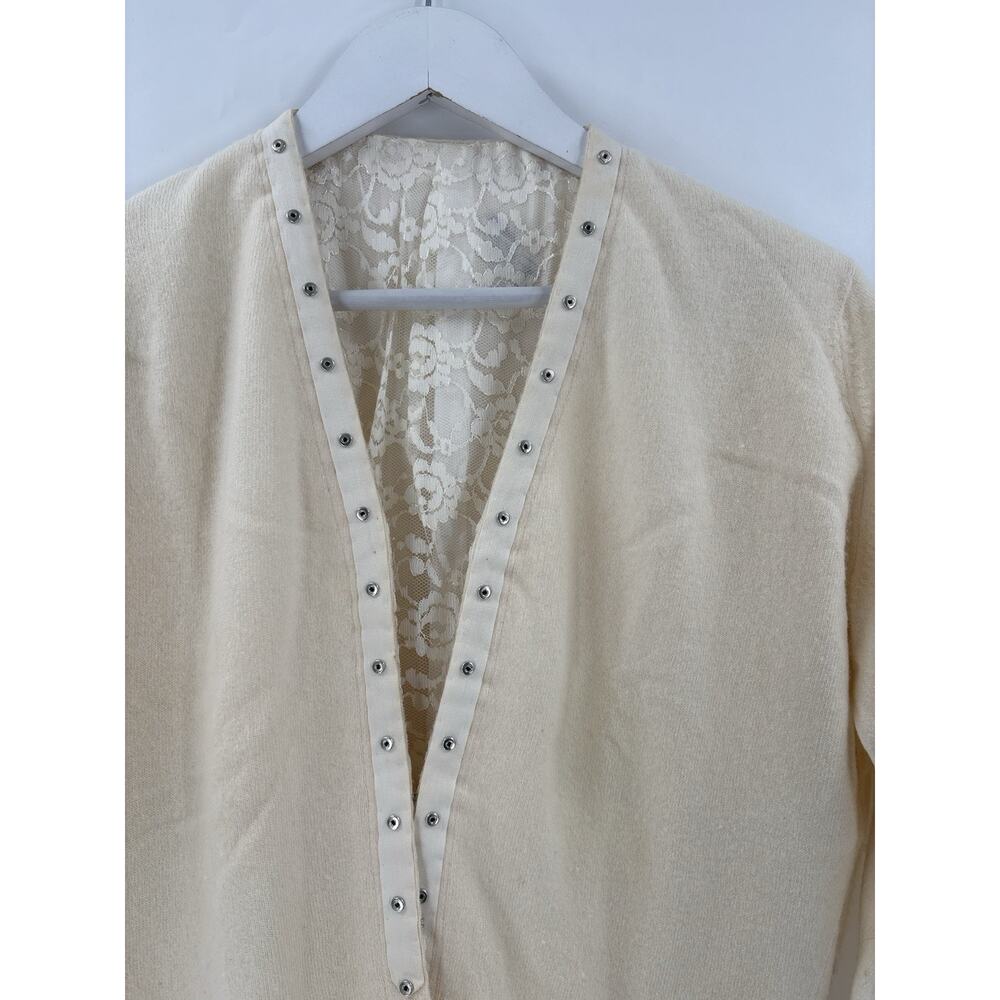 Regalia Furs 50s Vintage Cardigan Sweater Womens Small Ivory Cashmere Lace Knit - Picture 2 of 16